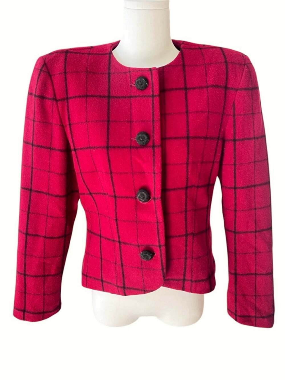 VTG Talbots Red Check Button Front Jacket Cardigan Sz 4 Shoulder Pads Holiday